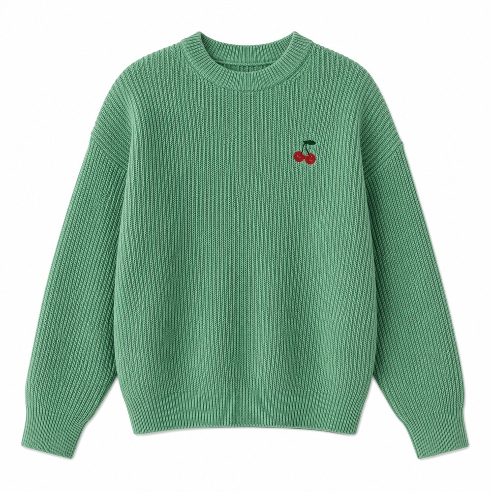 A New Day Cherry Embroidered Mint Green Rib Knit Sweater XL Cozy Soft Cottagecor